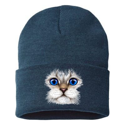 Blue Eyed Realistic Cat Face Sustainable Knit Beanie