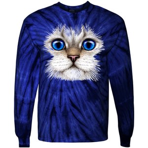 Blue Eyed Realistic Cat Face Tie-Dye Long Sleeve Shirt