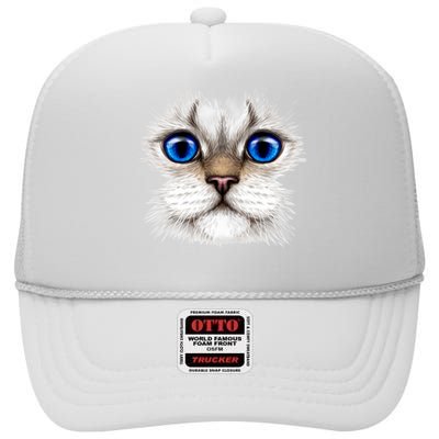 Blue Eyed Realistic Cat Face High Crown Mesh Back Trucker Hat