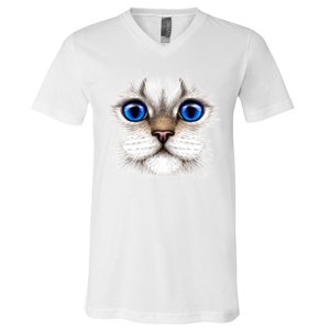 Blue Eyed Realistic Cat Face V-Neck T-Shirt