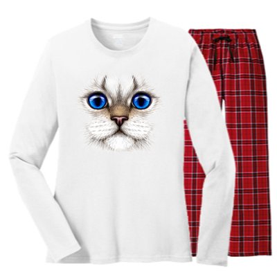 Blue Eyed Realistic Cat Face Women's Long Sleeve Flannel Pajama Set 