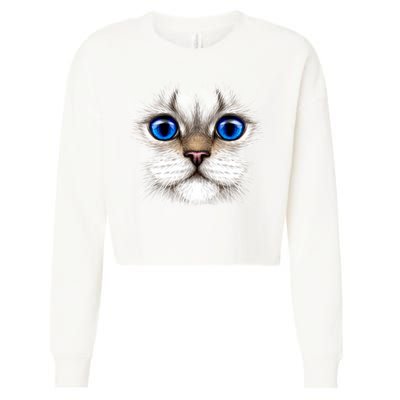 Blue Eyed Realistic Cat Face Cropped Pullover Crew