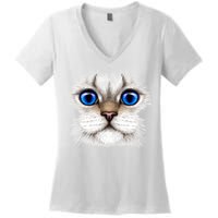 Blue Eyed Realistic Cat Face Women's V-Neck T-Shirt