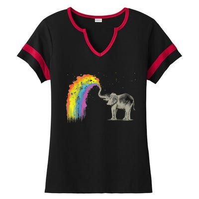 Baby Elephant Spraying Rainbow Ladies Halftime Notch Neck Tee