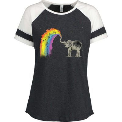 Baby Elephant Spraying Rainbow Enza Ladies Jersey Colorblock Tee