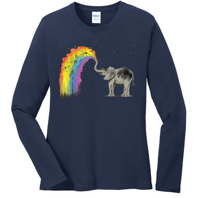 Baby Elephant Spraying Rainbow Ladies Long Sleeve Shirt