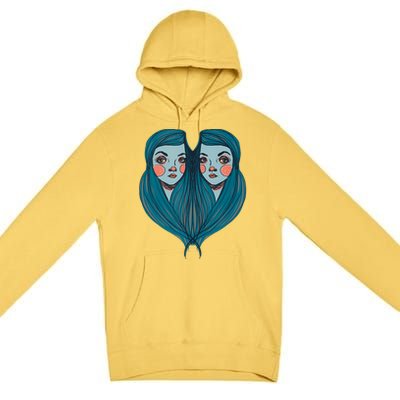 Big Eyes Sad Twin Drawing Retro Mod Blue Hair Kawaii Premium Pullover Hoodie