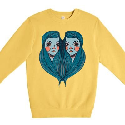 Big Eyes Sad Twin Drawing Retro Mod Blue Hair Kawaii Premium Crewneck Sweatshirt