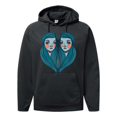 Big Eyes Sad Twin Drawing Retro Mod Blue Hair Kawaii Performance Fleece Hoodie