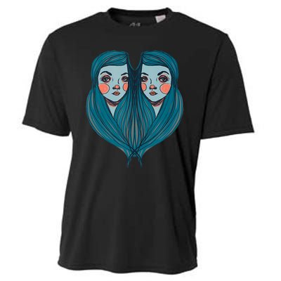 Big Eyes Sad Twin Drawing Retro Mod Blue Hair Kawaii Cooling Performance Crew T-Shirt