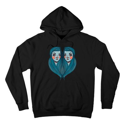 Big Eyes Sad Twin Drawing Retro Mod Blue Hair Kawaii Hoodie