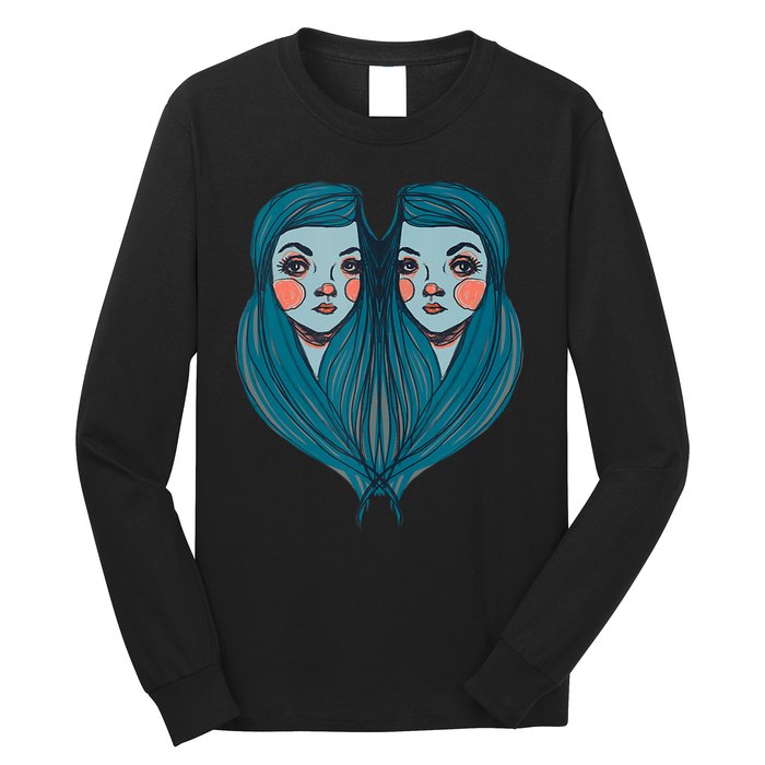 Big Eyes Sad Twin Drawing Retro Mod Blue Hair Kawaii Long Sleeve Shirt