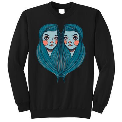 Big Eyes Sad Twin Drawing Retro Mod Blue Hair Kawaii Sweatshirt