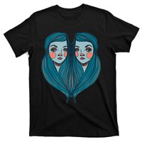 Big Eyes Sad Twin Drawing Retro Mod Blue Hair Kawaii T-Shirt