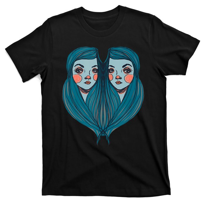 Big Eyes Sad Twin Drawing Retro Mod Blue Hair Kawaii T-Shirt