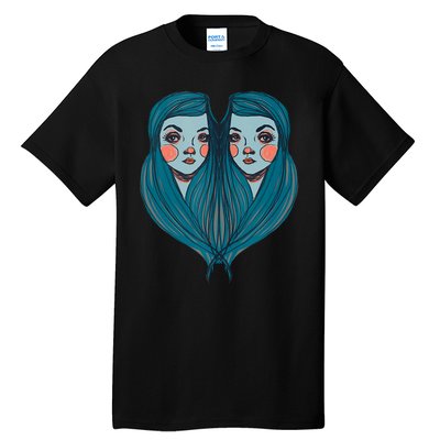 Big Eyes Sad Twin Drawing Retro Mod Blue Hair Kawaii Tall T-Shirt