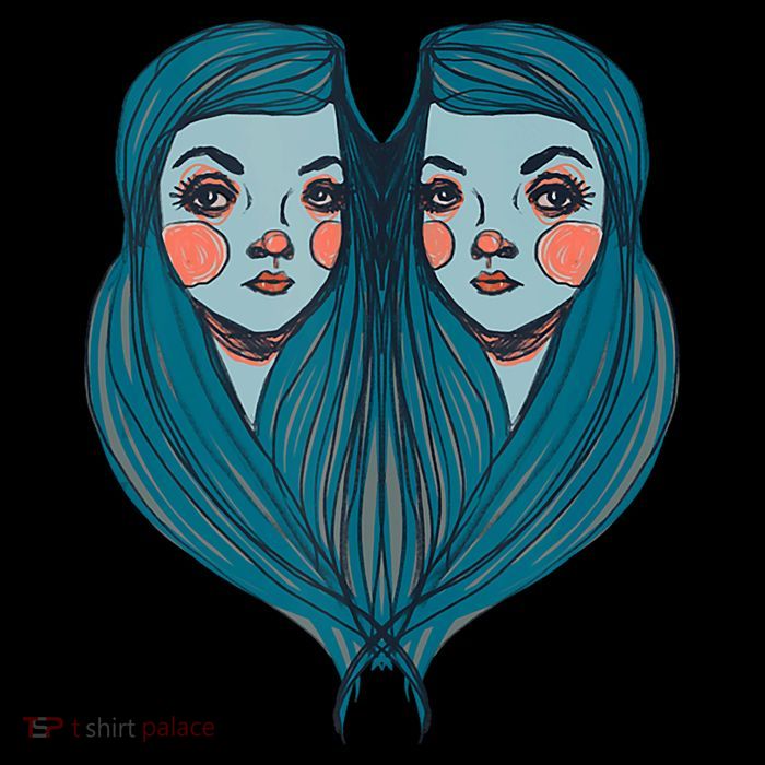 Big Eyes Sad Twin Drawing Retro Mod Blue Hair Kawaii Tall T-Shirt