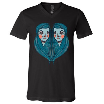 Big Eyes Sad Twin Drawing Retro Mod Blue Hair Kawaii V-Neck T-Shirt