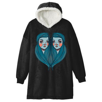 Big Eyes Sad Twin Drawing Retro Mod Blue Hair Kawaii Hooded Wearable Blanket