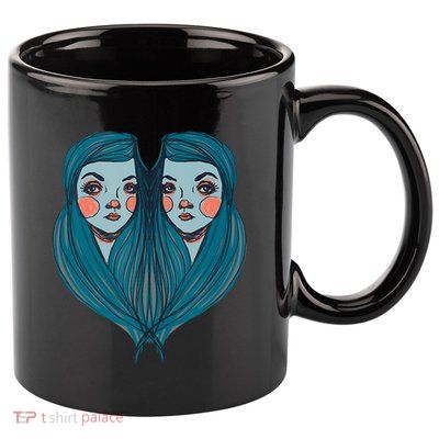 Big Eyes Sad Twin Drawing Retro Mod Blue Hair Kawaii 11oz C Handle Ceramic Mug