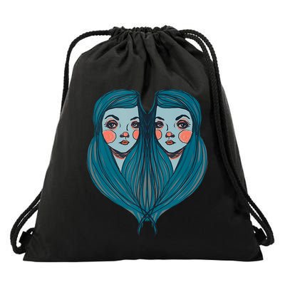Big Eyes Sad Twin Drawing Retro Mod Blue Hair Kawaii Drawstring Bag