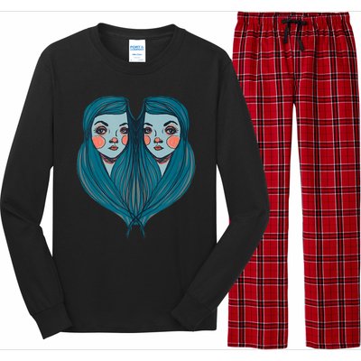 Big Eyes Sad Twin Drawing Retro Mod Blue Hair Kawaii Long Sleeve Pajama Set