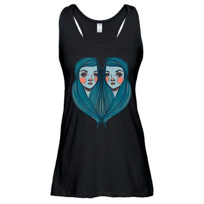 Big Eyes Sad Twin Drawing Retro Mod Blue Hair Kawaii Ladies Essential Flowy Tank