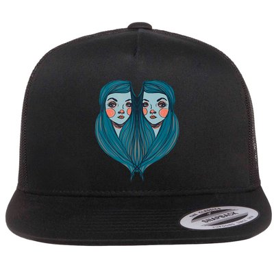 Big Eyes Sad Twin Drawing Retro Mod Blue Hair Kawaii Flatbill Hat
