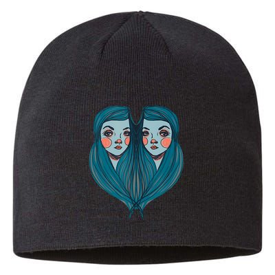 Big Eyes Sad Twin Drawing Retro Mod Blue Hair Kawaii Sustainable Beanie
