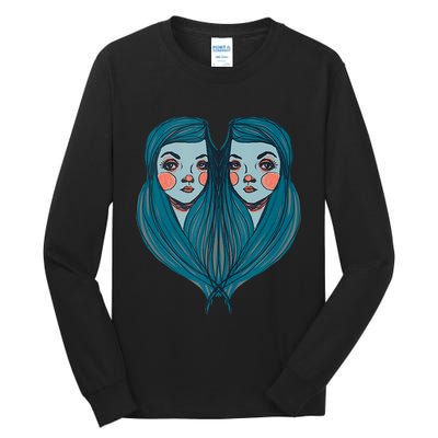 Big Eyes Sad Twin Drawing Retro Mod Blue Hair Kawaii Tall Long Sleeve T-Shirt