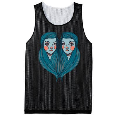 Big Eyes Sad Twin Drawing Retro Mod Blue Hair Kawaii Mesh Reversible Basketball Jersey Tank