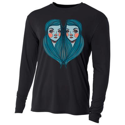 Big Eyes Sad Twin Drawing Retro Mod Blue Hair Kawaii Cooling Performance Long Sleeve Crew