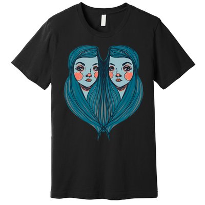 Big Eyes Sad Twin Drawing Retro Mod Blue Hair Kawaii Premium T-Shirt