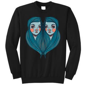 Big Eyes Sad Twin Drawing Retro Mod Blue Hair Kawaii Tall Sweatshirt