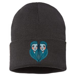 Big Eyes Sad Twin Drawing Retro Mod Blue Hair Kawaii Sustainable Knit Beanie