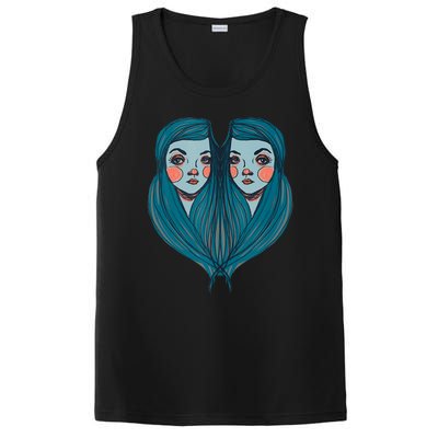 Big Eyes Sad Twin Drawing Retro Mod Blue Hair Kawaii PosiCharge Competitor Tank