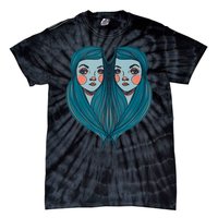 Big Eyes Sad Twin Drawing Retro Mod Blue Hair Kawaii Tie-Dye T-Shirt