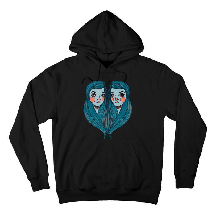 Big Eyes Sad Twin Drawing Retro Mod Blue Hair Kawaii Tall Hoodie