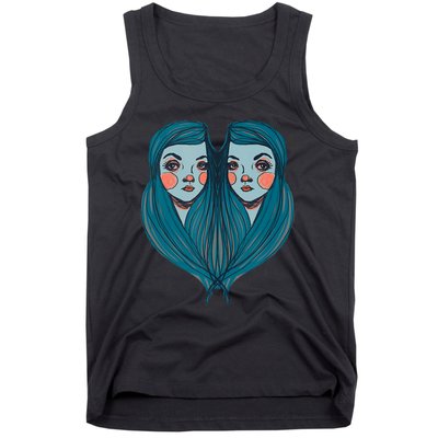 Big Eyes Sad Twin Drawing Retro Mod Blue Hair Kawaii Tank Top