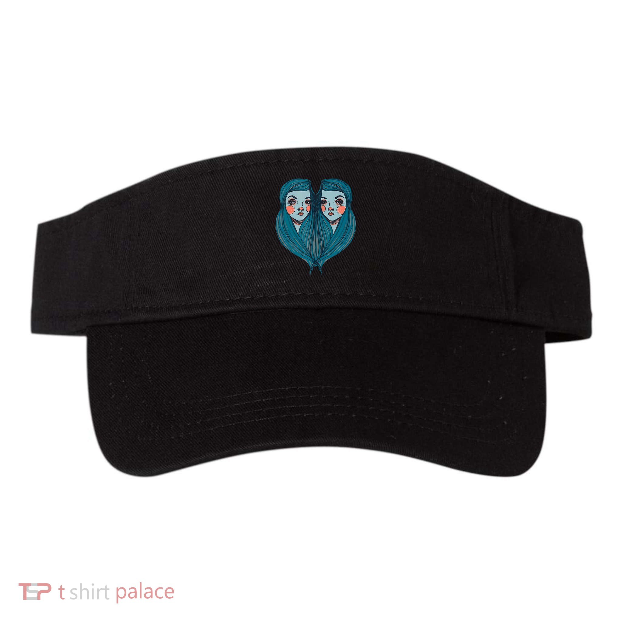 Big Eyes Sad Twin Drawing Retro Mod Blue Hair Kawaii Visor