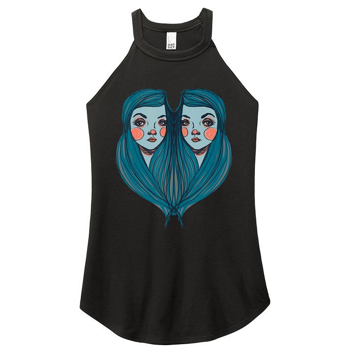 Big Eyes Sad Twin Drawing Retro Mod Blue Hair Kawaii Women's Perfect Tri Rocker Tank