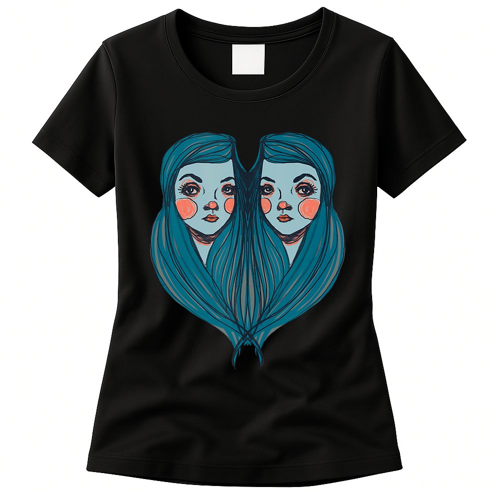 Big Eyes Sad Twin Drawing Retro Mod Blue Hair Kawaii Womens T-Shirt