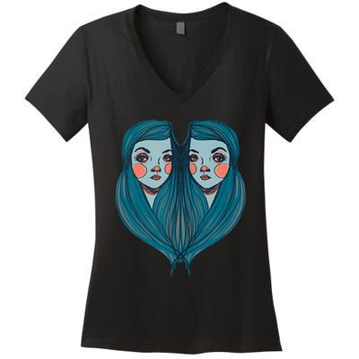 Big Eyes Sad Twin Drawing Retro Mod Blue Hair Kawaii Women's V-Neck T-Shirt