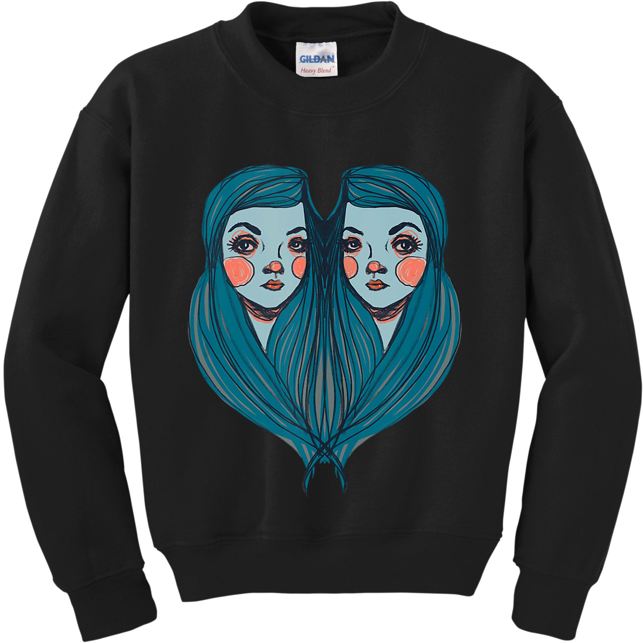 Big Eyes Sad Twin Drawing Retro Mod Blue Hair Kawaii Kids Sweatshirt