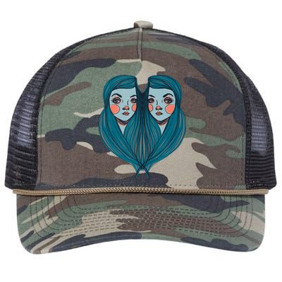 Big Eyes Sad Twin Drawing Retro Mod Blue Hair Kawaii Retro Rope Trucker Hat Cap