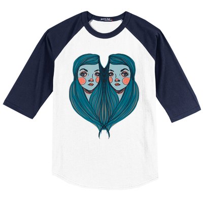 Big Eyes Sad Twin Drawing Retro Mod Blue Hair Kawaii Baseball Sleeve Shirt