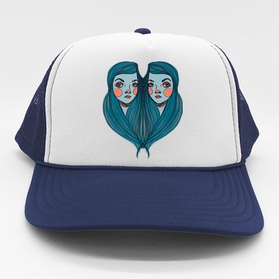 Big Eyes Sad Twin Drawing Retro Mod Blue Hair Kawaii Trucker Hat