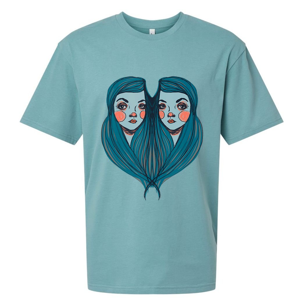 Big Eyes Sad Twin Drawing Retro Mod Blue Hair Kawaii Sueded Cloud Jersey T-Shirt