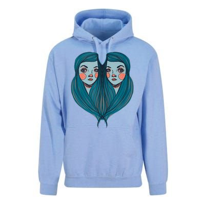 Big Eyes Sad Twin Drawing Retro Mod Blue Hair Kawaii Unisex Surf Hoodie