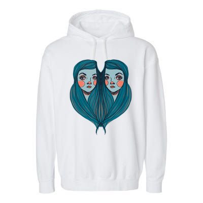 Big Eyes Sad Twin Drawing Retro Mod Blue Hair Kawaii Garment-Dyed Fleece Hoodie